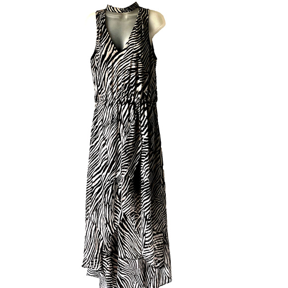 WHBM Zebra Print Faux Wrap Choker Neck  Ruffle Skirt  Midi Dress Size 12 - Picture 1 of 13